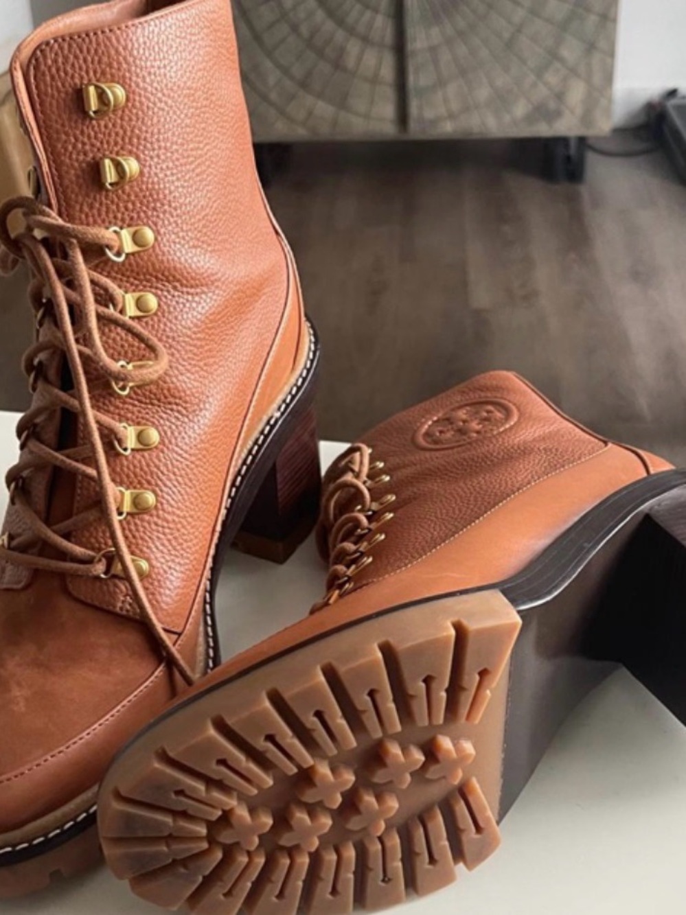 Tory Burch Cognac Leather Lace-Up Block Heel Boots